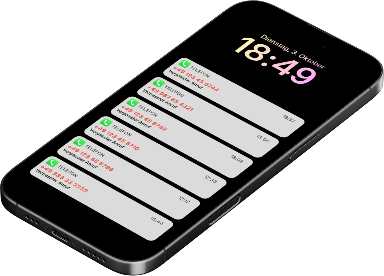 Smartphone-Sperrbildschirm mit sechs verpassten Anrufen am Abend